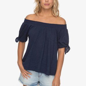 Roxy Top Small Blue Off The Shoulder Shirt Short Sleeve Womens Carribean Mood